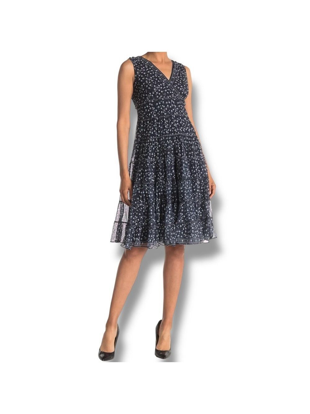 Max Studio V-Neck Sleeveless Mesh Tiered Midi Dress navy blue floral Size Small